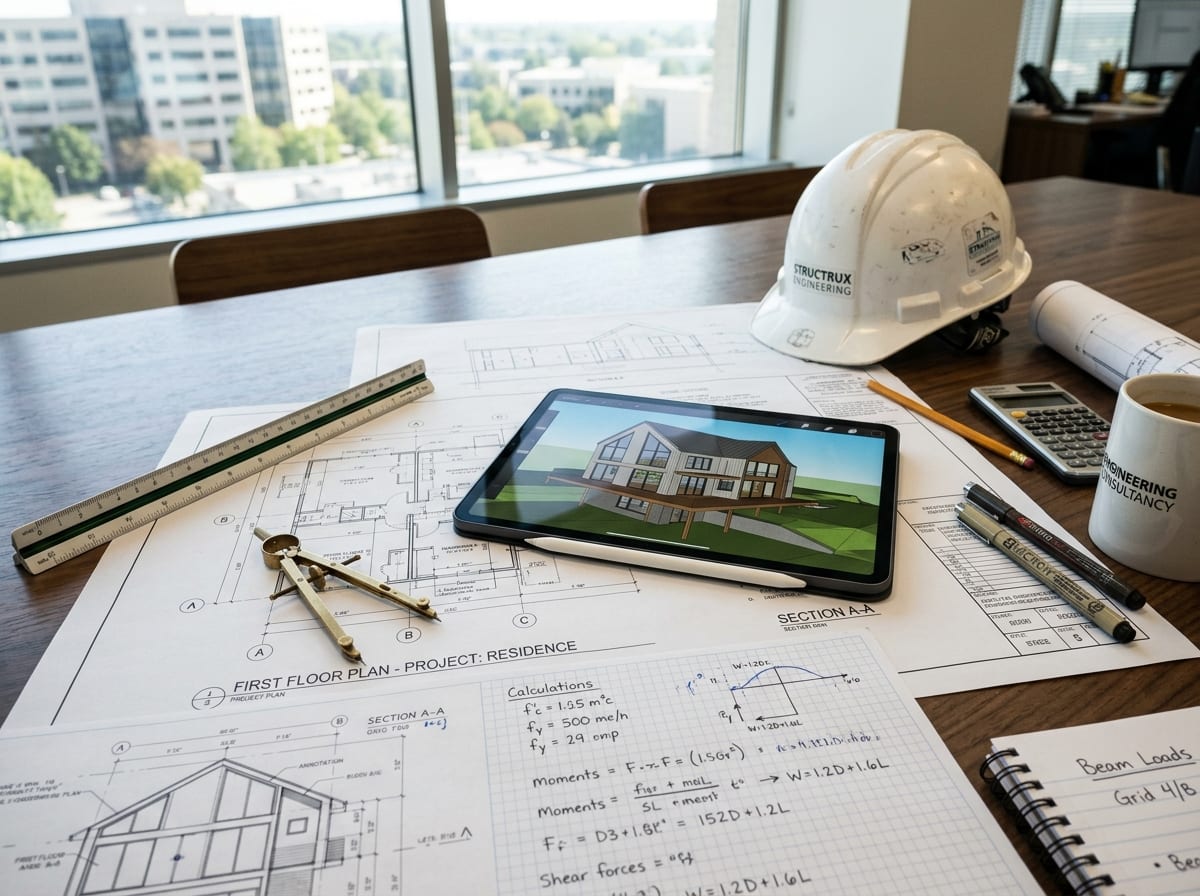 Architectural blueprints and structural engineering consultancy review