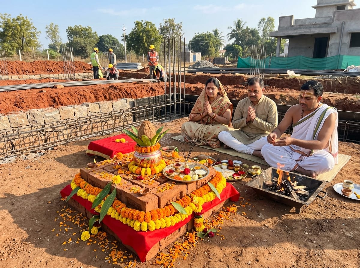Site preparation and ground clearing for traditional Vedic foundation stone laying