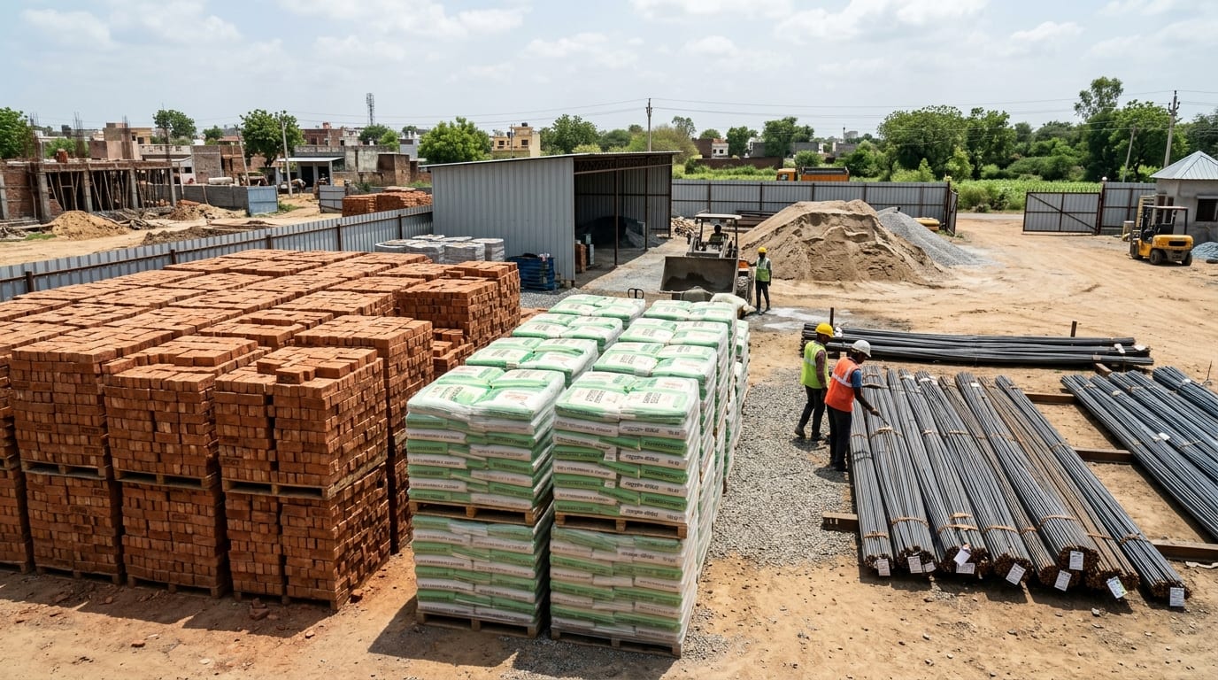 Direct wholesale certified construction materials yard with kiln bricks, cement bags and TMT steel rebars