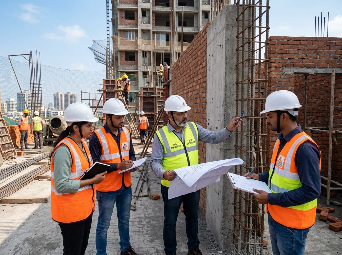 Civil site engineers and construction supervisors conducting quality checks
