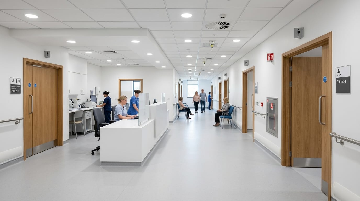 Modern hospital OPD corridor and clinical interior construction with nursing station