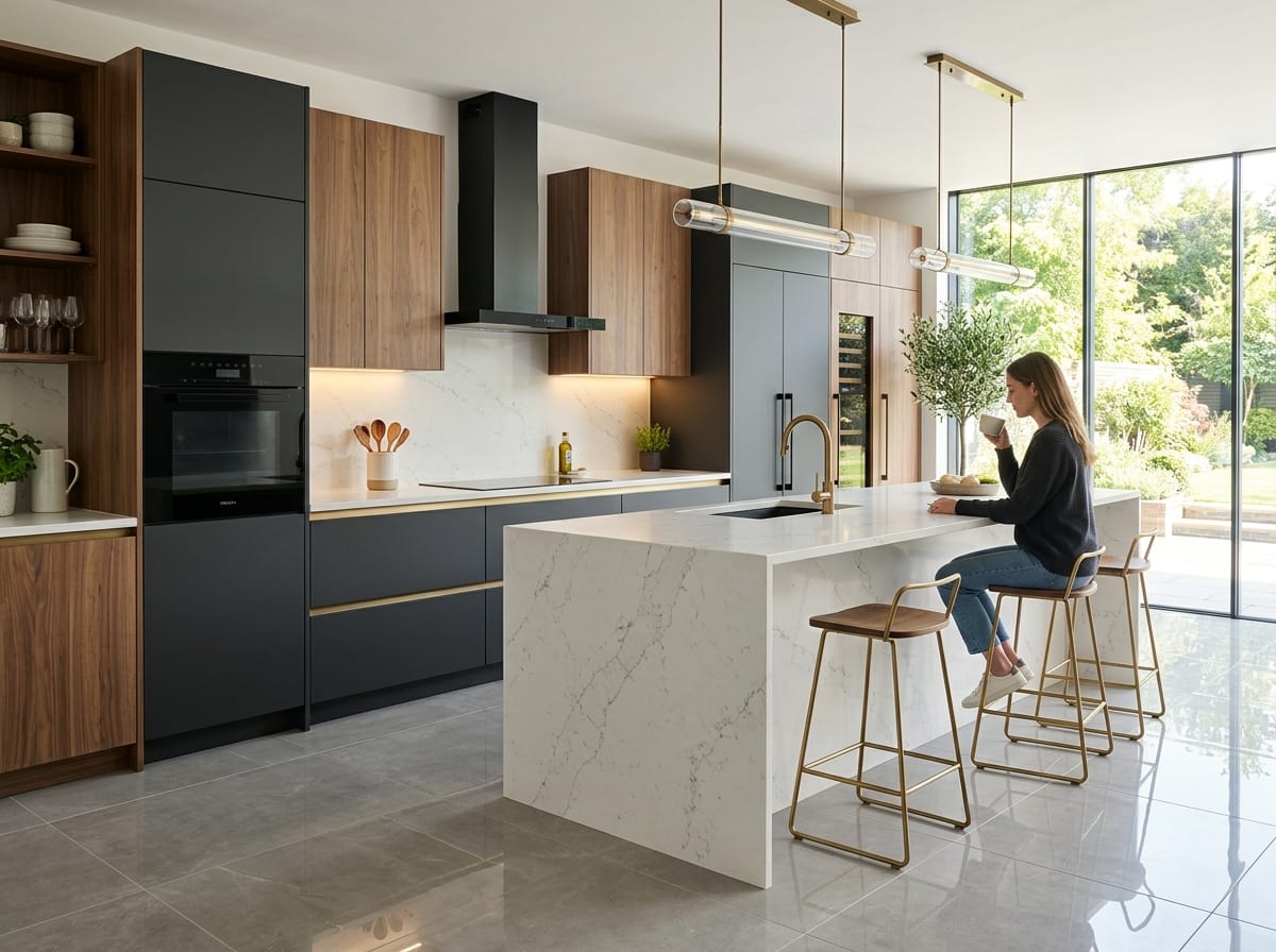 Factory finished modern modular kitchen with quartz island countertop