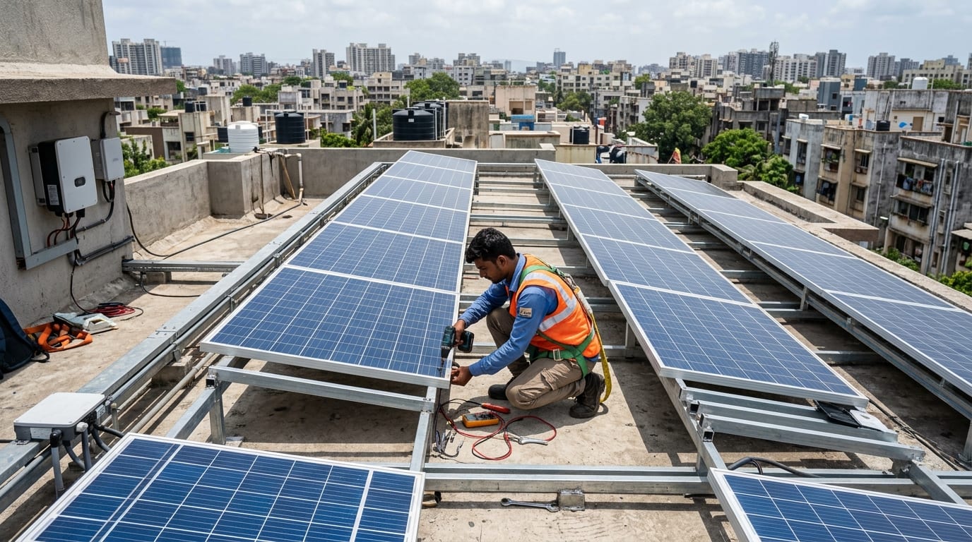 Rooftop on-grid photovoltaic solar panel system installation on residential building